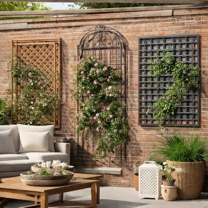 Wooden and decorative garden wall trellis panels fixed to an outdoor brick wall with climbing plants growing through them