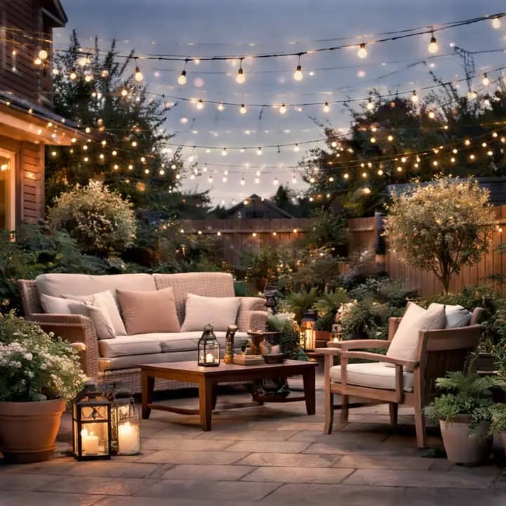 Warm white waterproof fairy lights strung across a UK garden patio at dusk with seating and potted plants