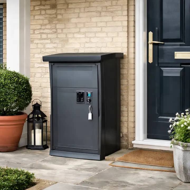 Lockable waterproof parcel delivery box beside a UK front door on a covered porch
